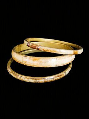 Vintage 1970s Bison Horn & Brass Bangle Bracelet Set of 3 Boho Stack